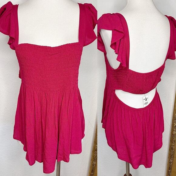 NWT Express Flowy Ruffle Short Sleeve Open Back Smocked Blouse Red Size L $49.90 - Picture 1 of 10